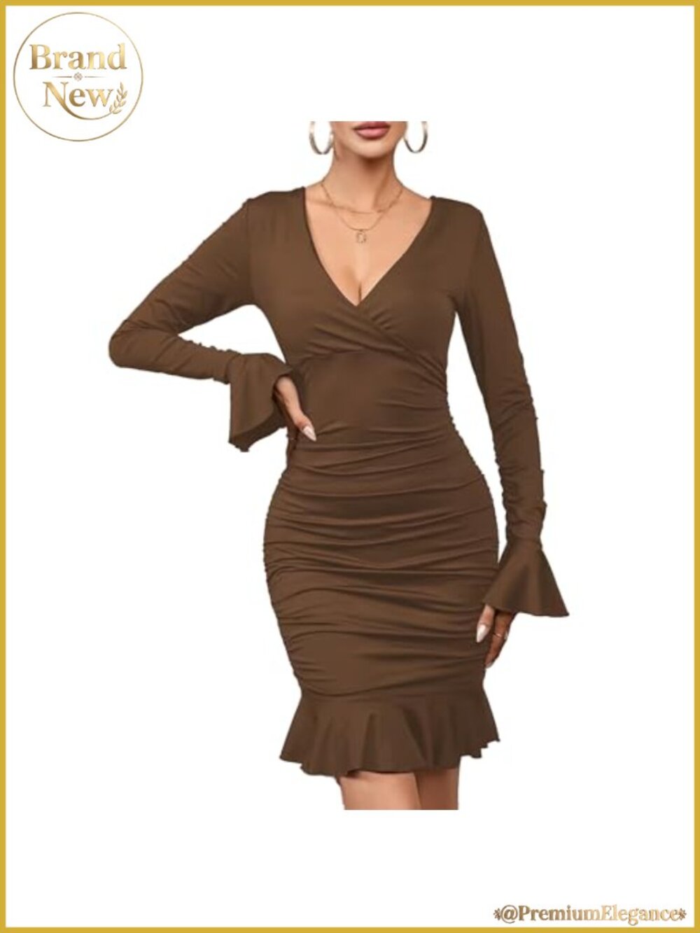 V Neck Ruched Waist Long Sleeve Mini Dress Slim Fit Bodycon Party